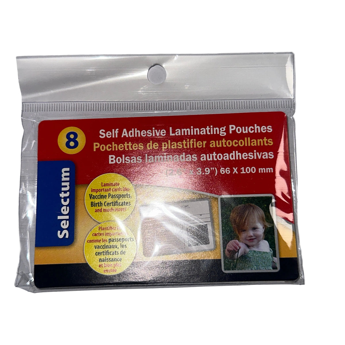 Selectum Self-Adhesive Laminating Pouches – 66 x 100 mm (2.6" x 3.9"), 8 Pack – product photo