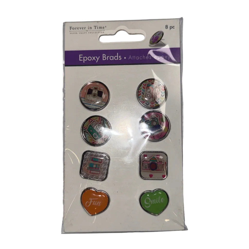 Forever in Time Epoxy Brads – "Smile!" Camera Theme, 8 pc – product photo