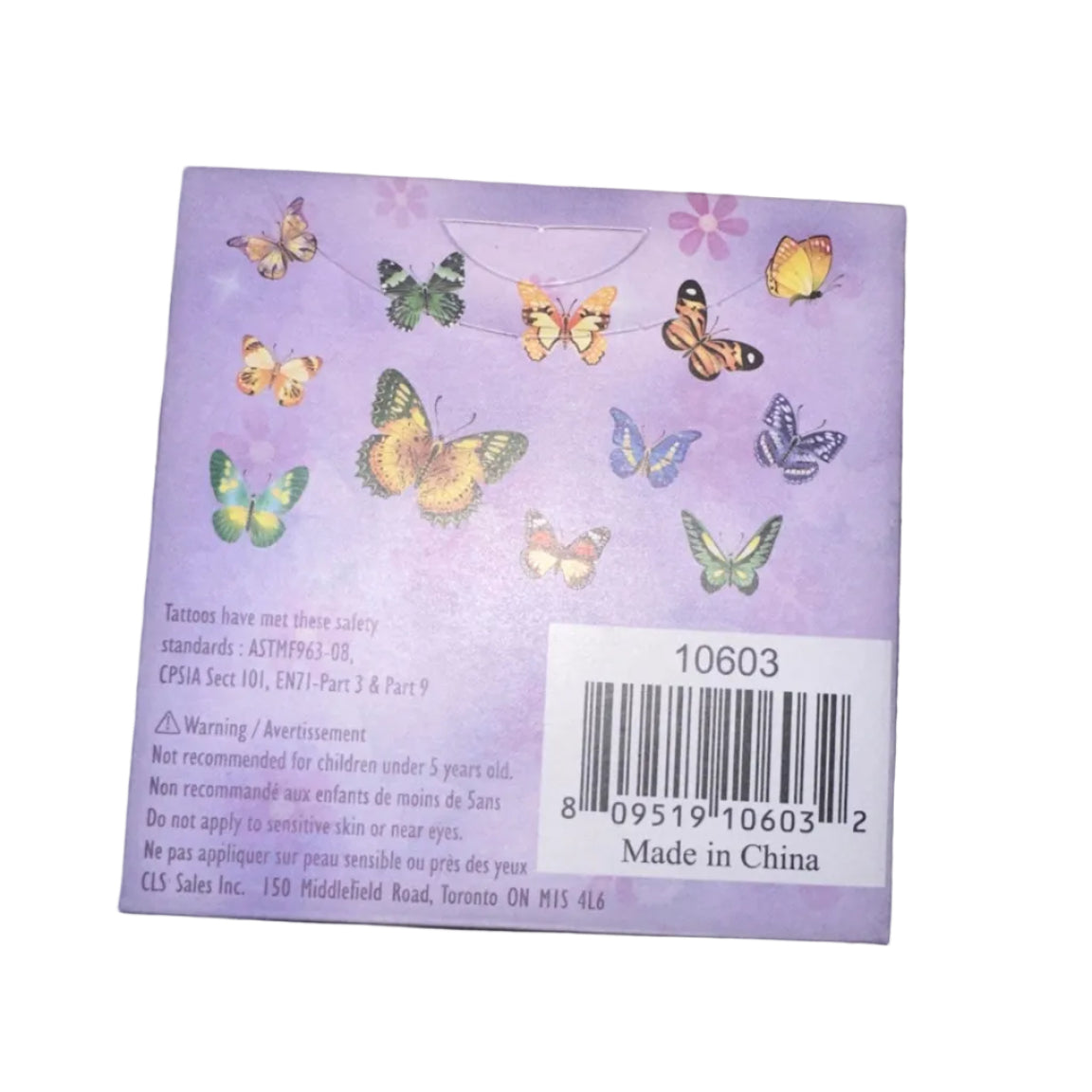 Temporary tattoo back with safety information and UPC