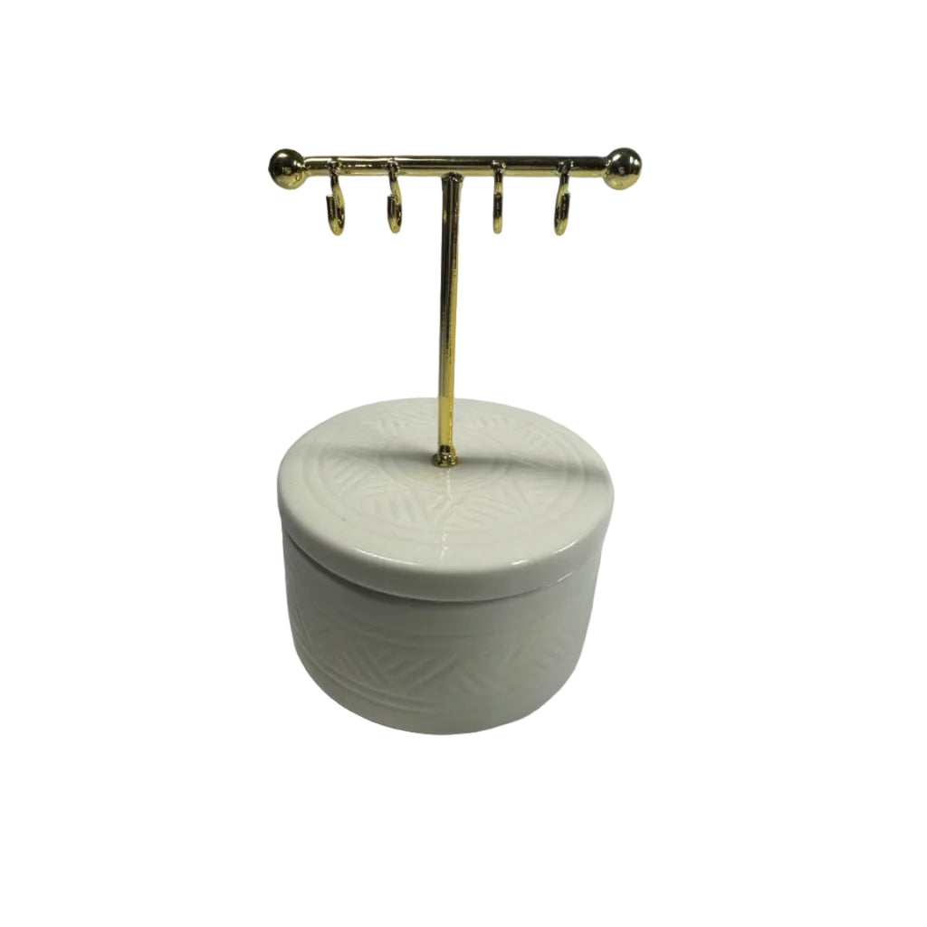 White jewellery organizer with gold-tone four-hook display stand