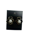 Black Enamel Flower Stud Earrings with Faux Pearl Centres