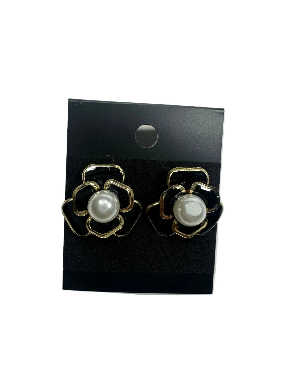 Black Enamel Flower Stud Earrings with Faux Pearl Centres