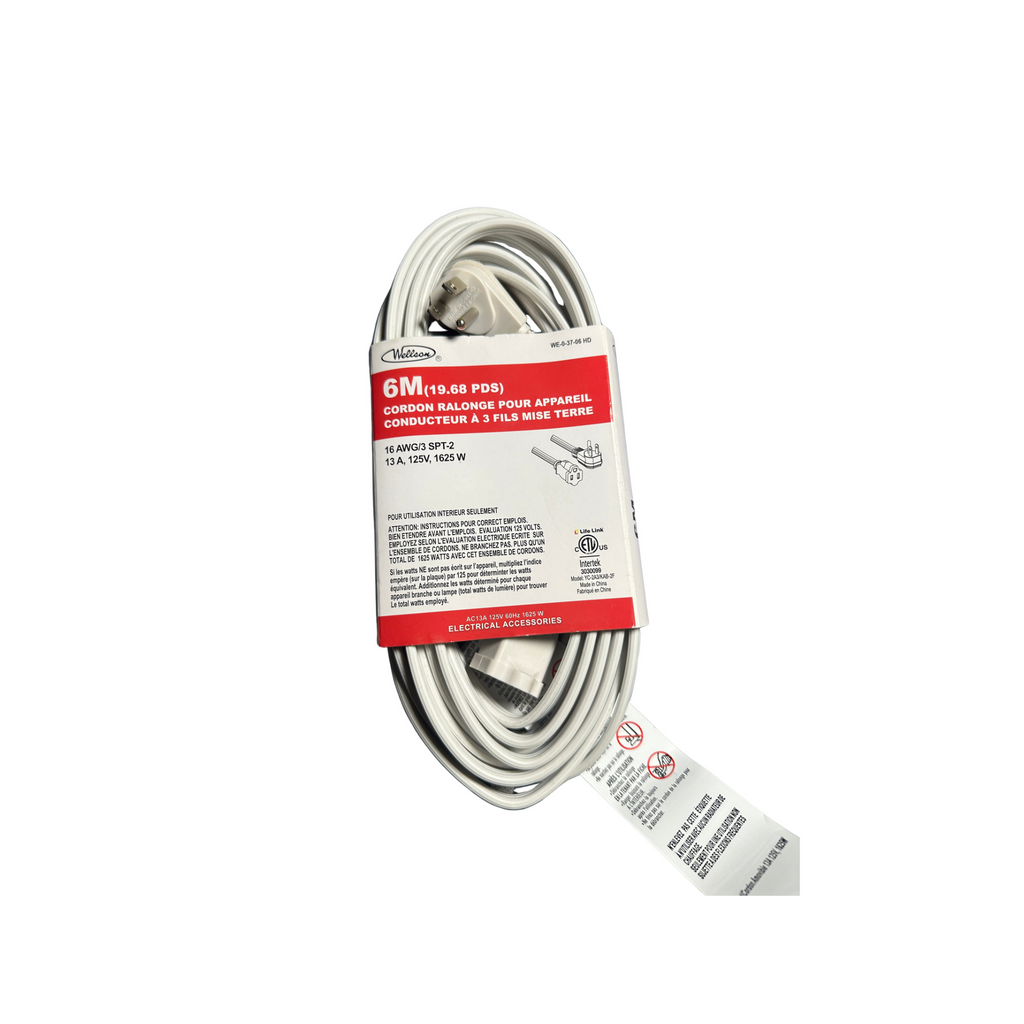 Wellson 6 m (19.68 ft) Appliance Extension Cord, 3-Wire Grounded, 16 AWG, 13A 125V, White, Indoor