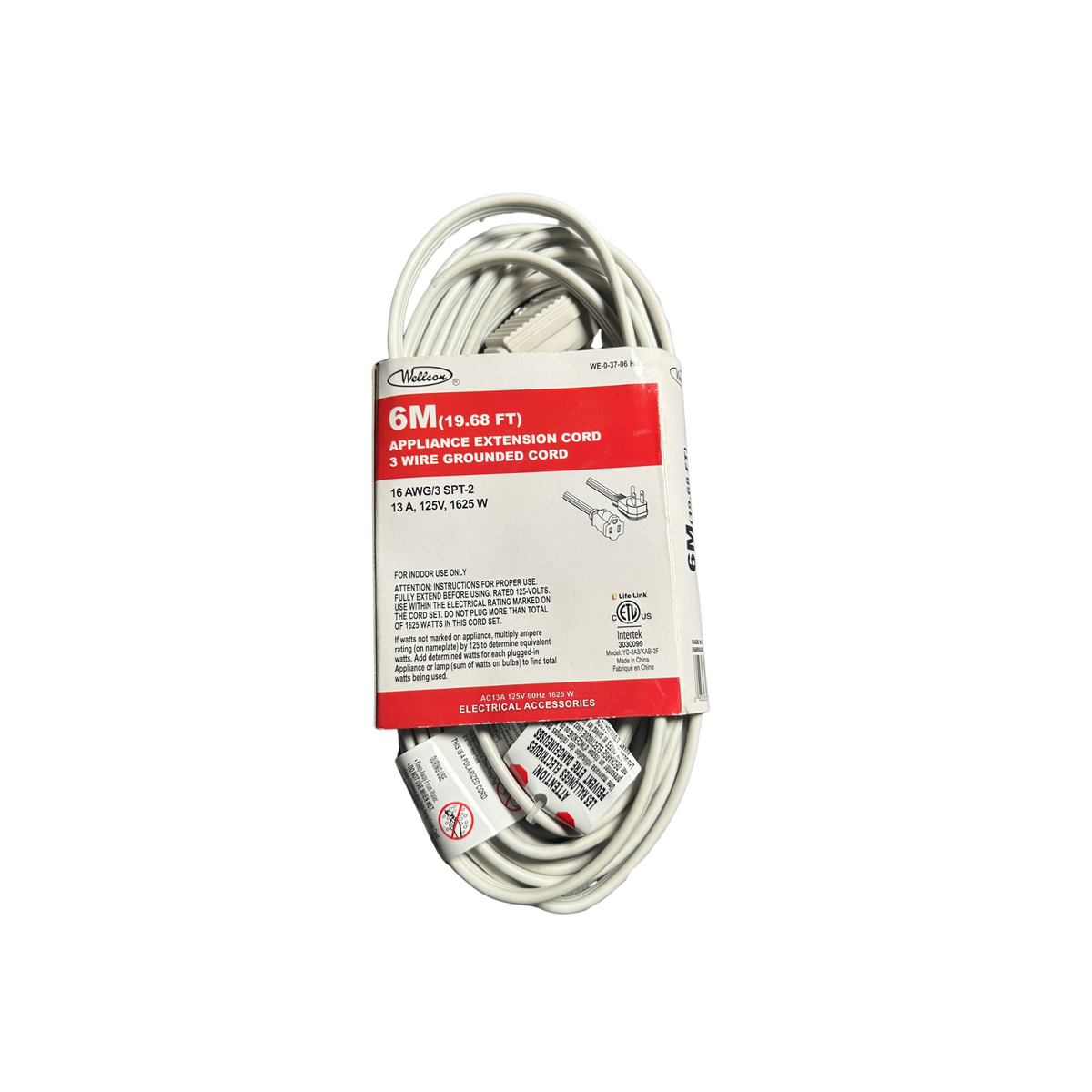 Wellson 6 m (19.68 ft) Appliance Extension Cord, 3-Wire Grounded, 16 AWG, 13A 125V, White, Indoor