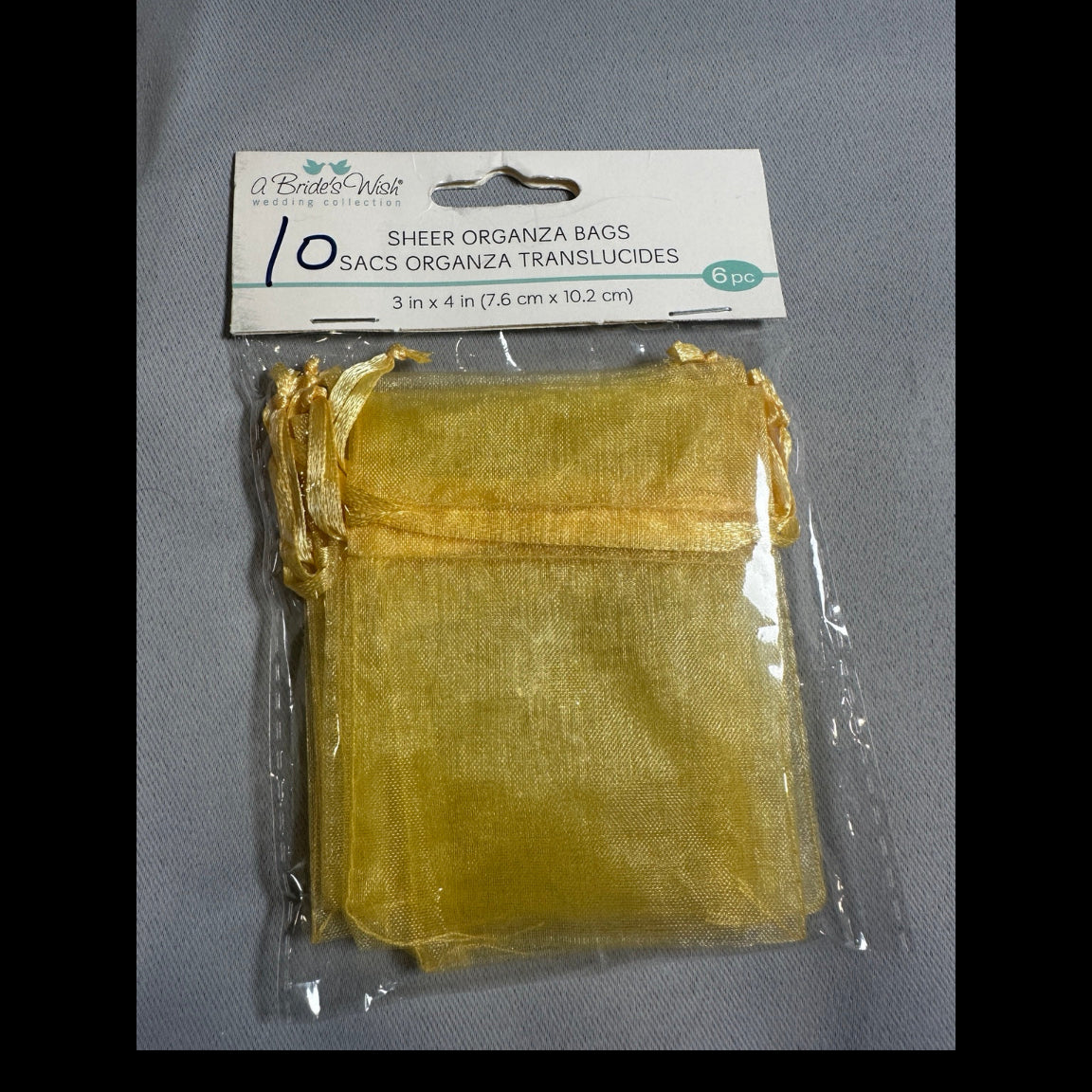 A Bride's Wish Bright Gold organza bags 3 x 4 in - front