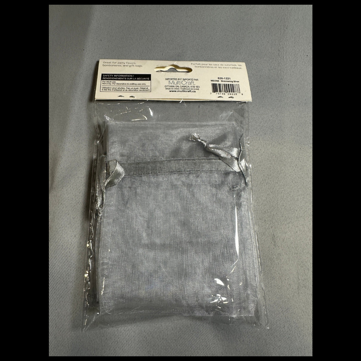 A Bride's Wish Shimmering Silver organza bags 4 x 5 in - back and barcode