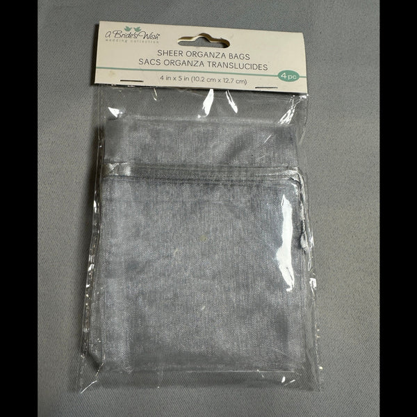 A Bride's Wish Sheer Organza Bags 4 x 5 in - Shimmering Silver - 4 Pack