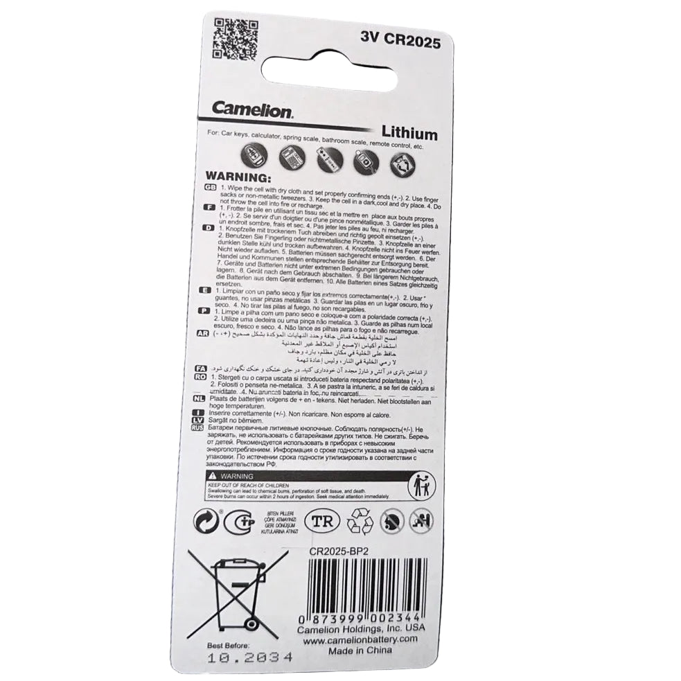Camelion CR2025 3V lithium battery 2 pack back, warnings and barcode