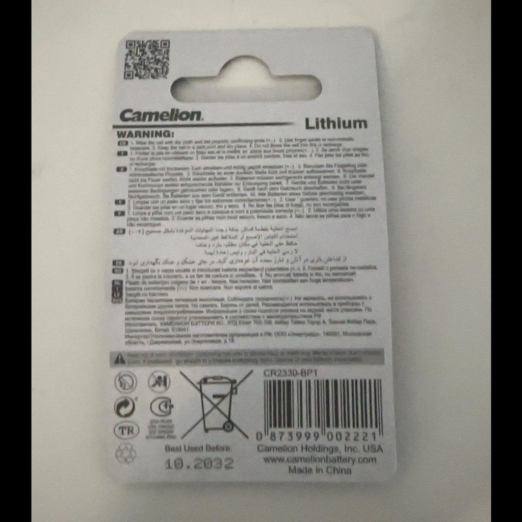 Camelion CR2330 clear rear packaging barcode and warnings