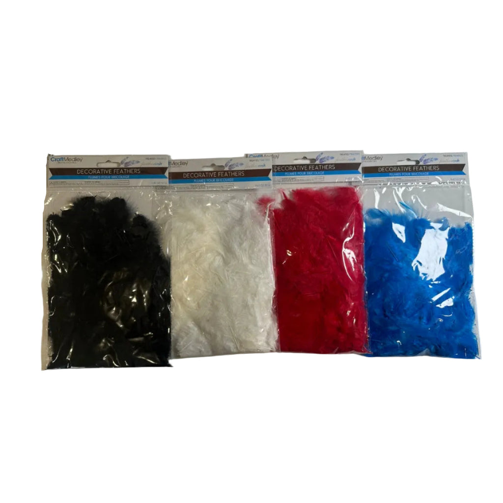 Four colours of Craft Medley decorative feathers