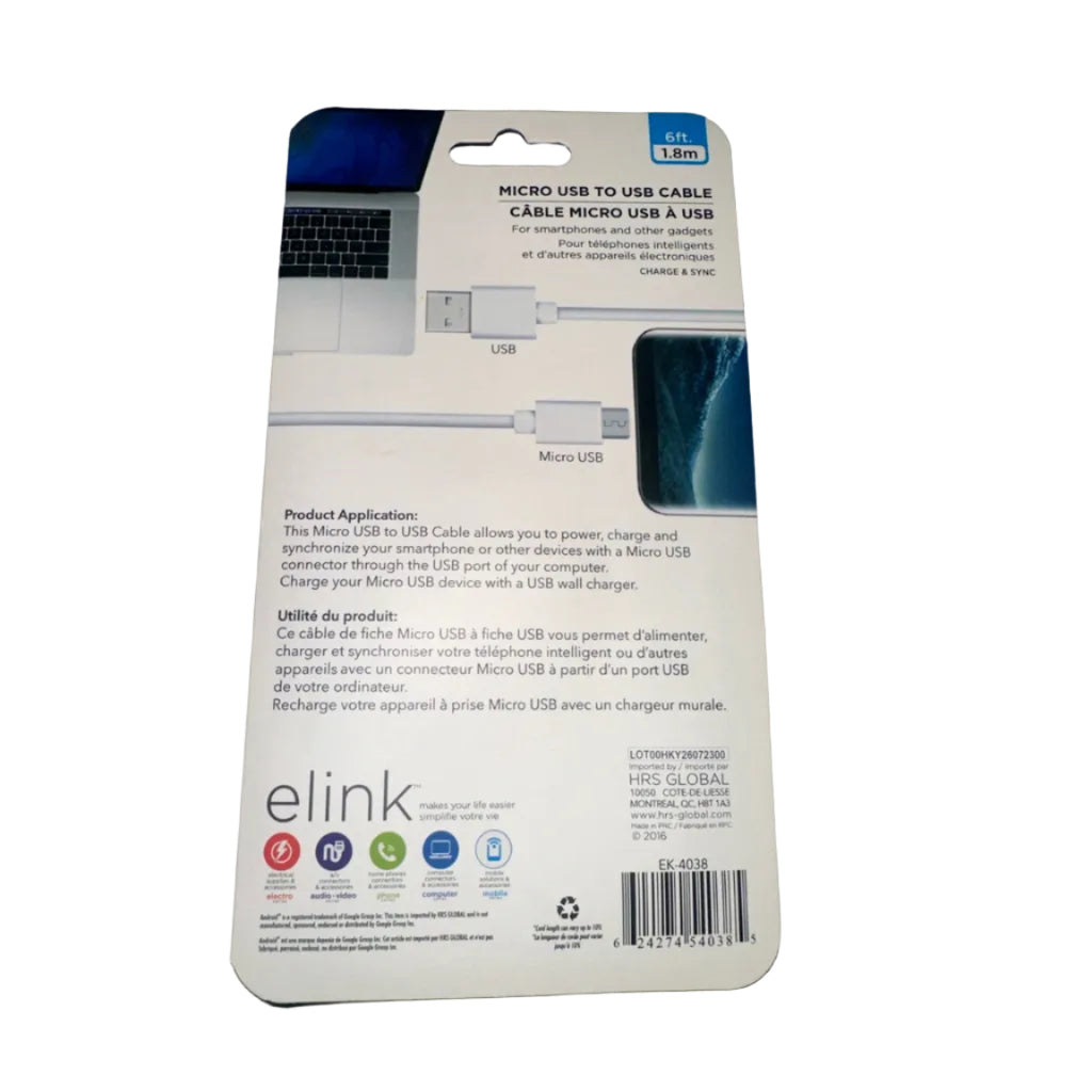 eLink EK-4038 Micro USB to USB cable back packaging with barcode
