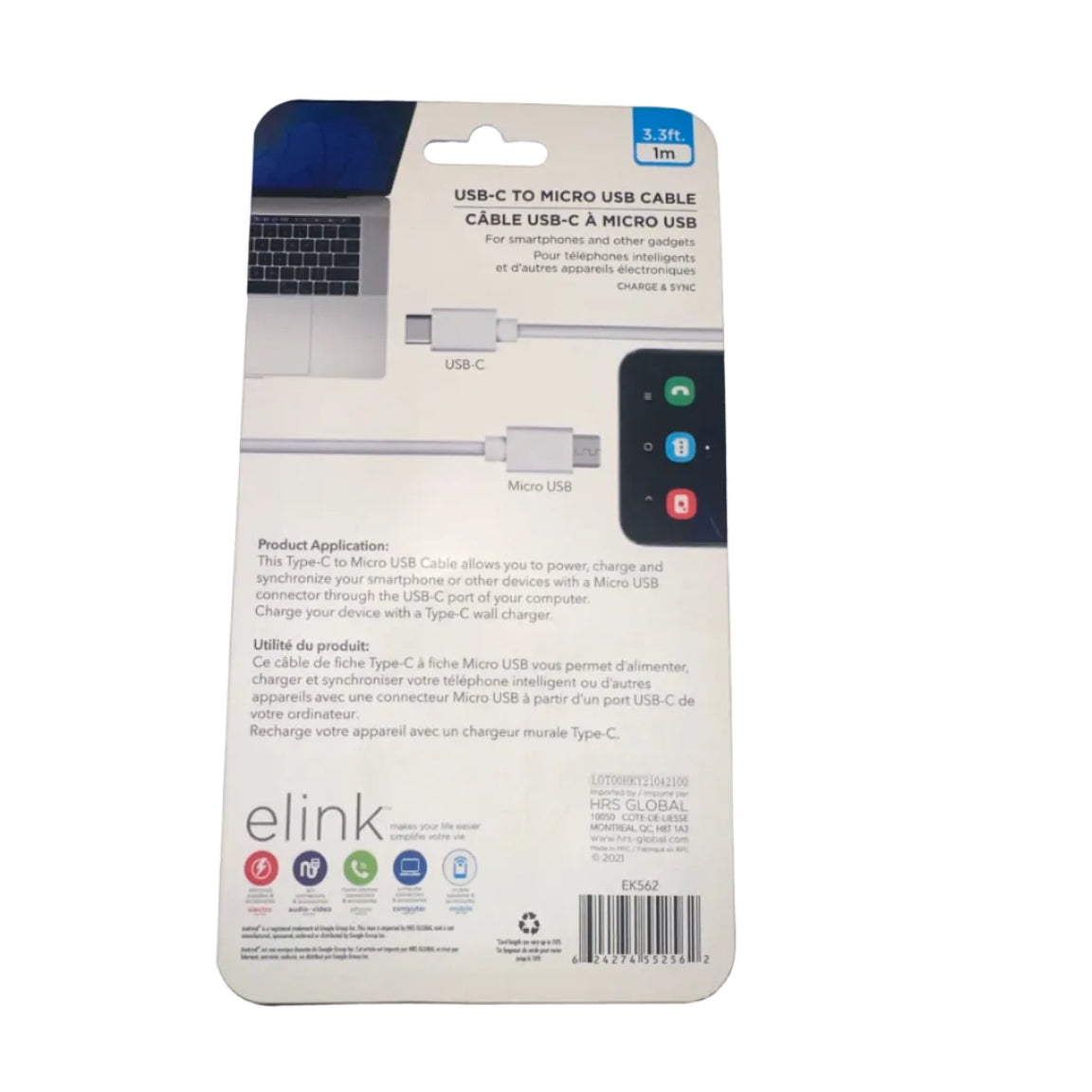 eLink EK562 USB-C to Micro USB cable back packaging with barcode
