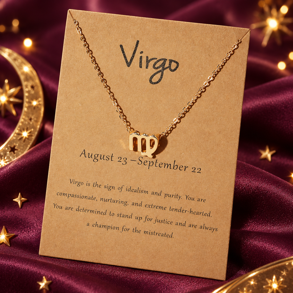 Virgo zodiac necklace on a star-themed satin background