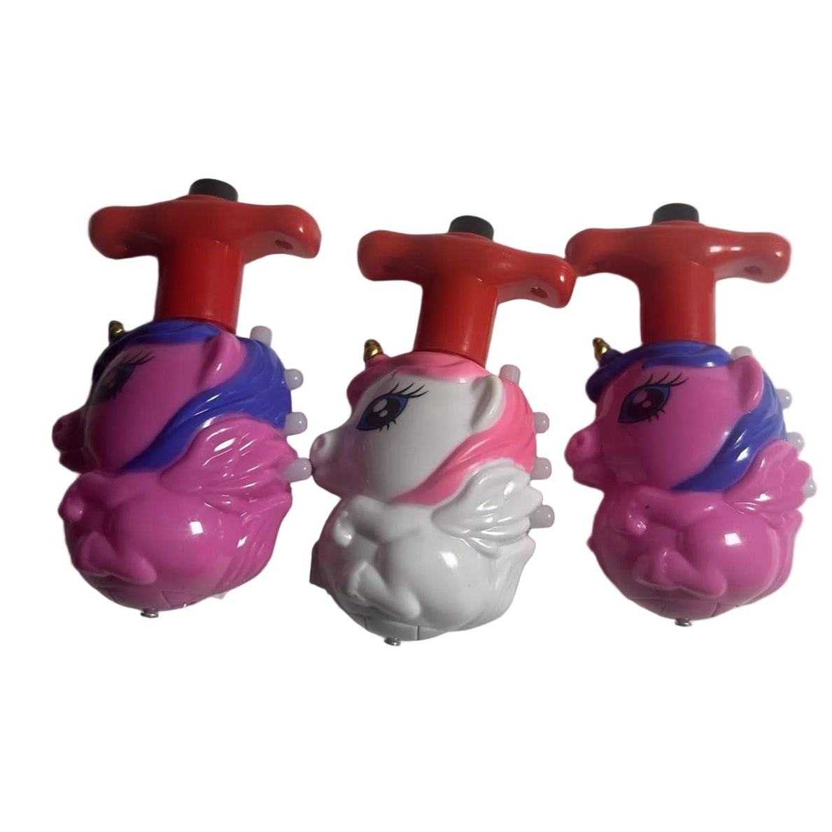 Three Flash Gyro Cute Pony toys showing both colour options