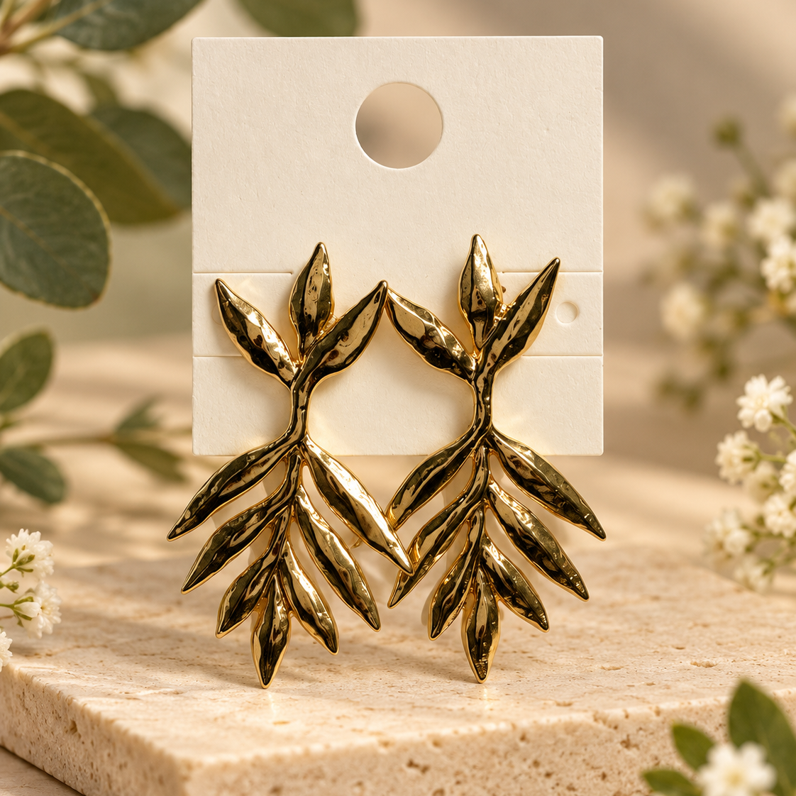 Gold-tone leaf branch earrings on cream card with botanical backdrop