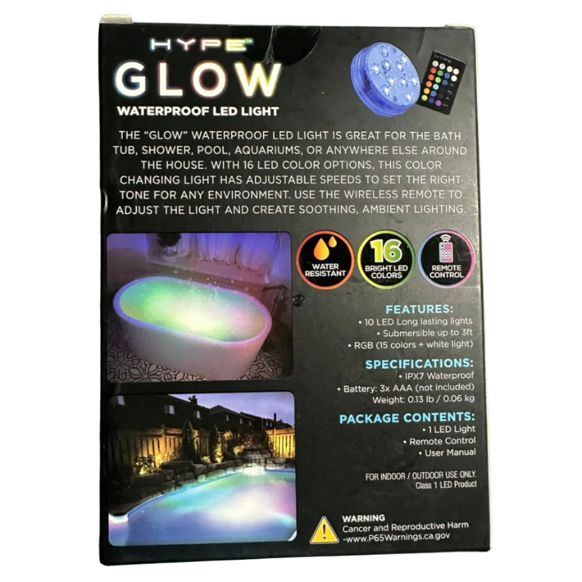 HYPE Glow Waterproof Colour-Changing LED Light with Remote – 16 Colours packaging details