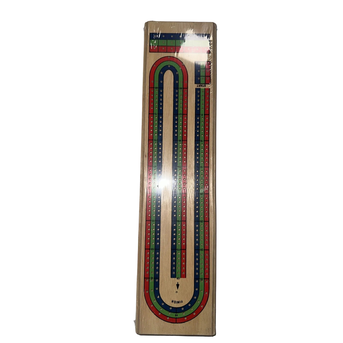 Wooden cribbage board top side with colour coded tracks
