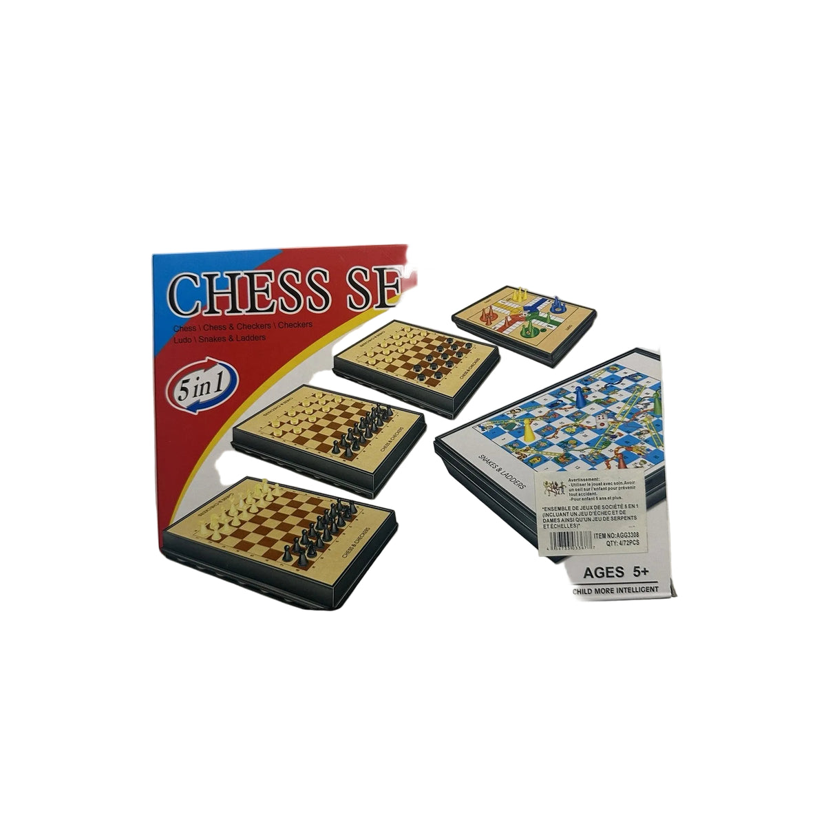 L&J 5-in-1 Folding Chess, Checkers, Ludo & Snakes and Ladders Game Set – LJ3308 product package 5894