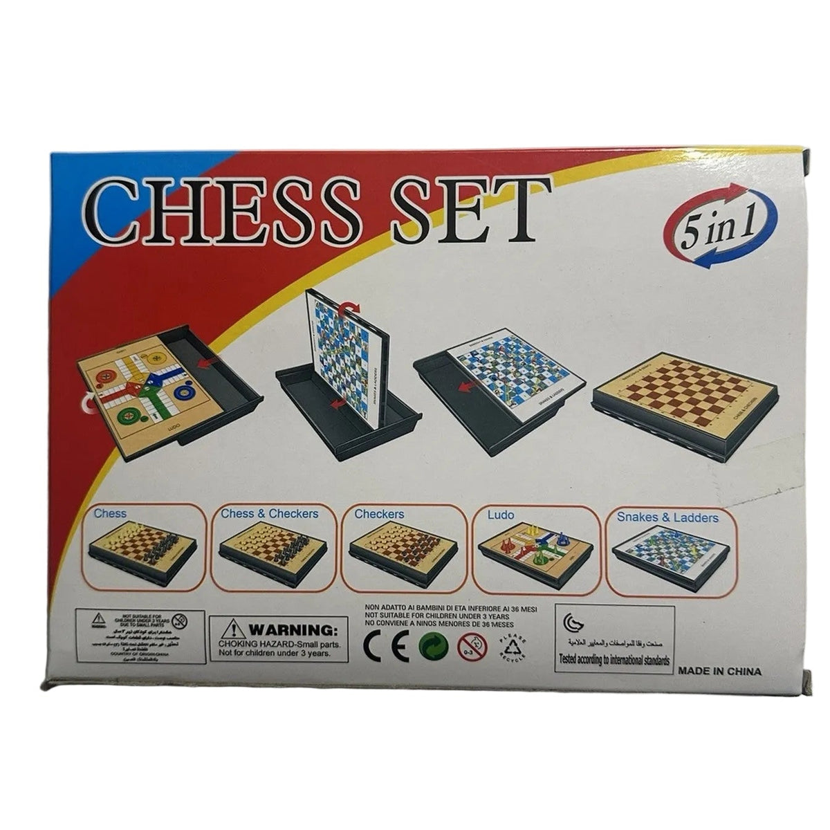 L&J 5-in-1 Folding Chess, Checkers, Ludo & Snakes and Ladders Game Set – LJ3308 product package 5895