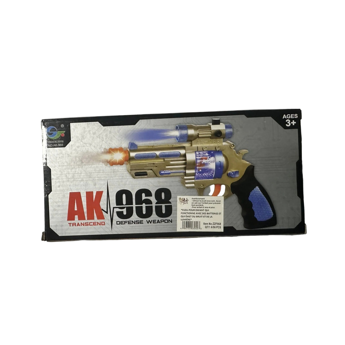 AK 968 Light-Up Toy Revolver with Flashing Effects – Ages 3+ product package 5900