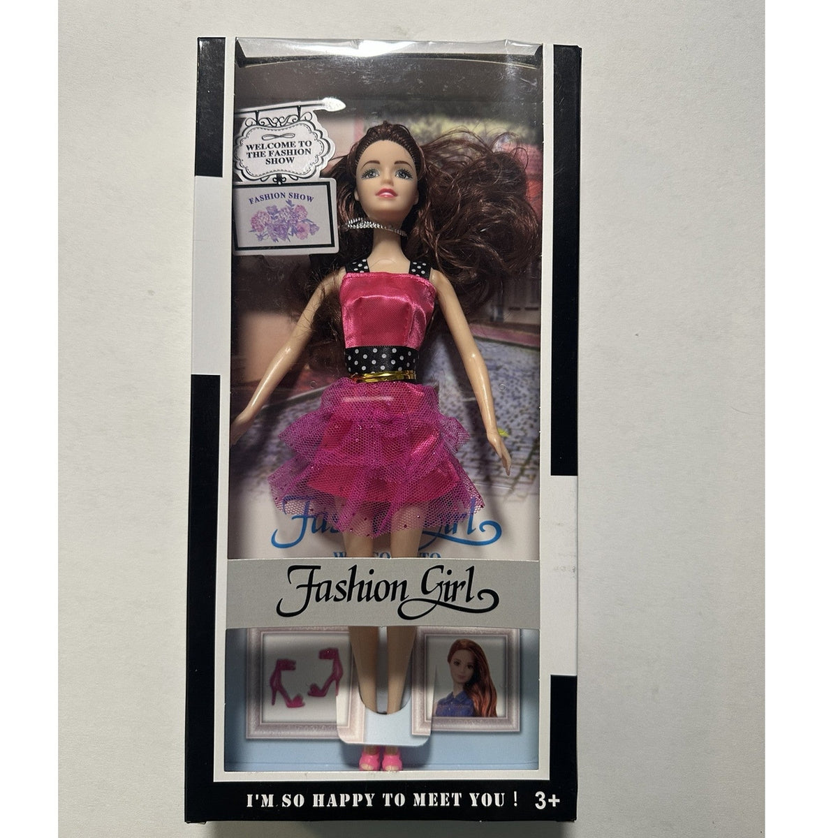 Front of Fashion Girl pink dress doll boxed