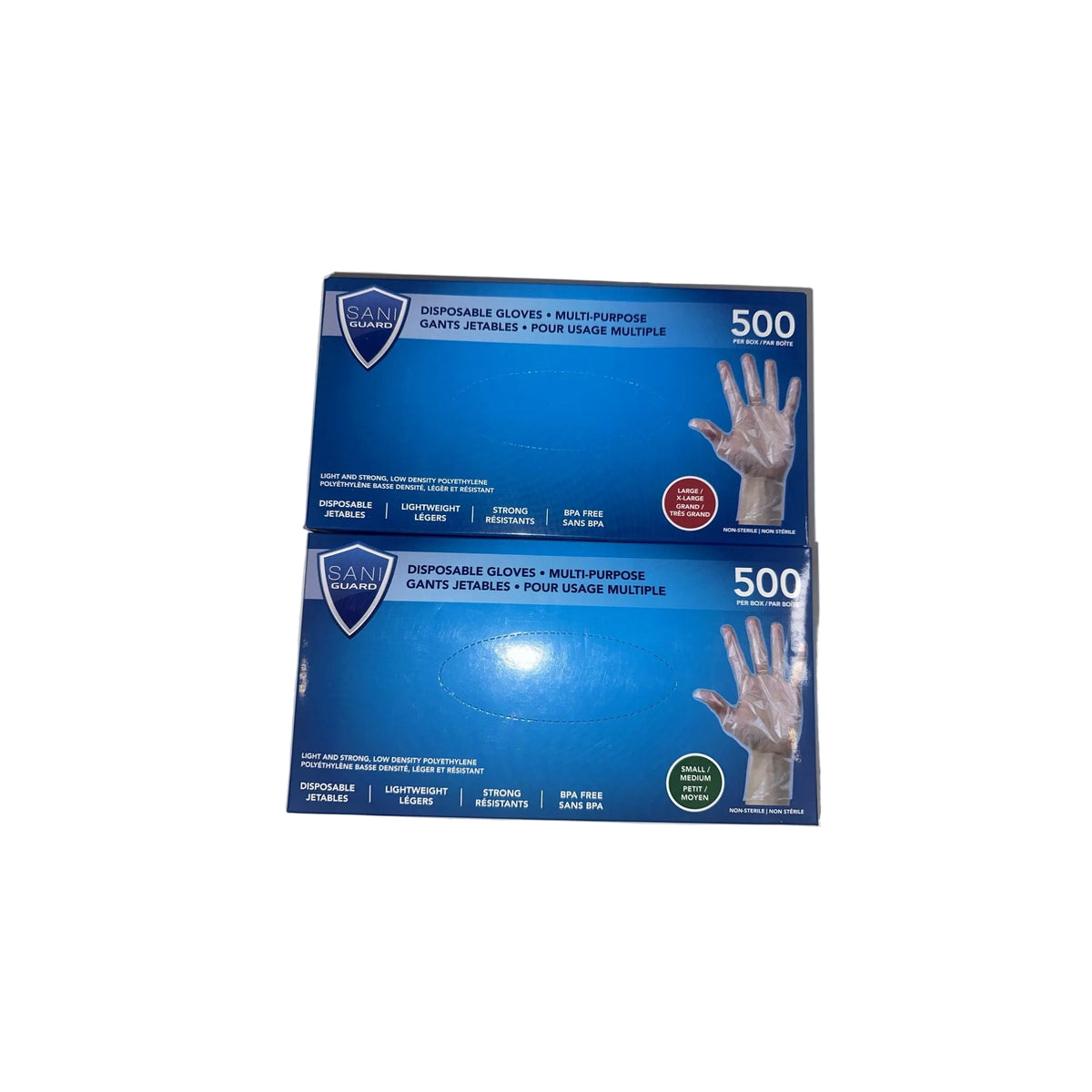 Sani Guard disposable gloves 500 count, Small/Medium and Large/XL boxes