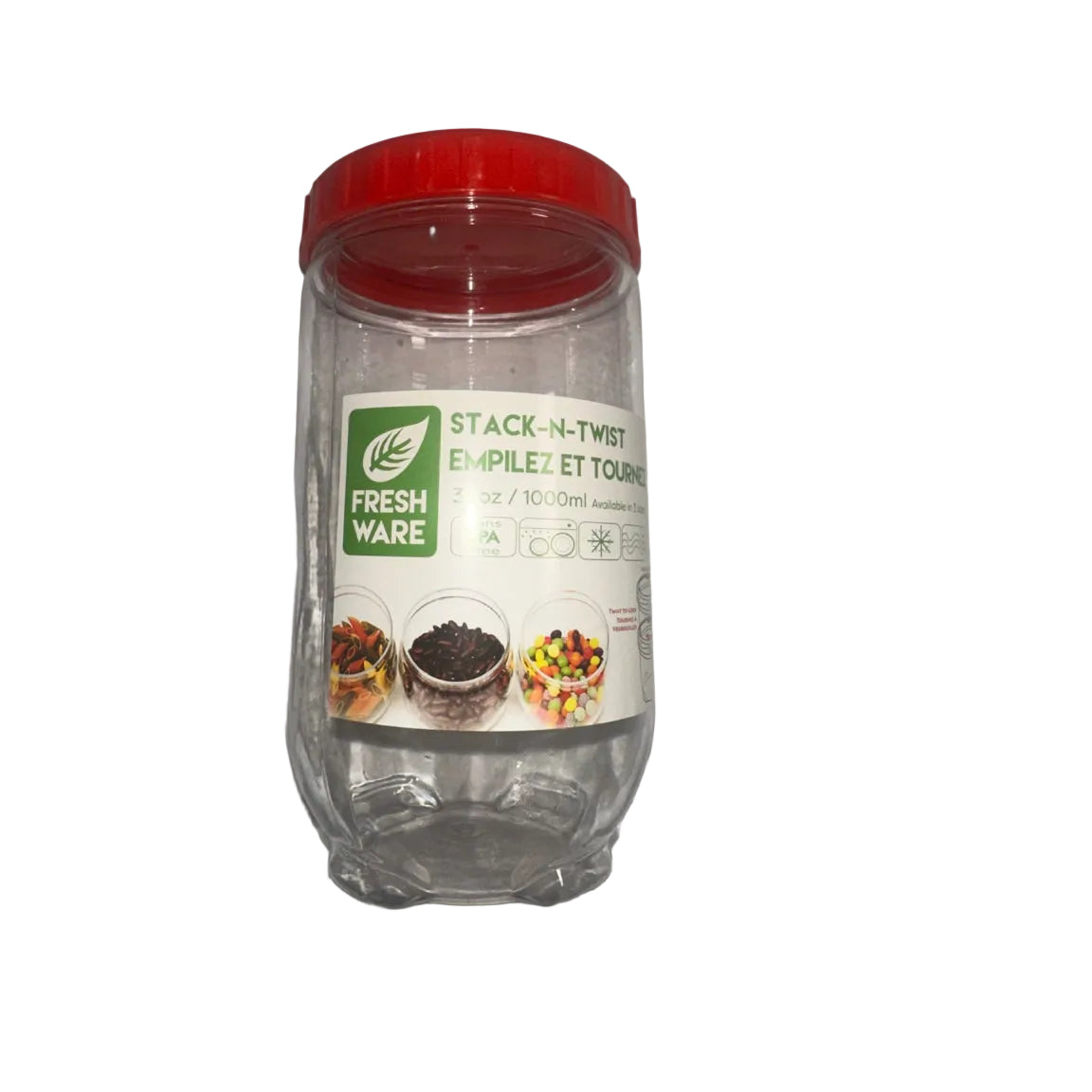 Fresh Ware Stack-N-Twist Clear Storage Container with Red Lid – 1 L (34 oz) – front view