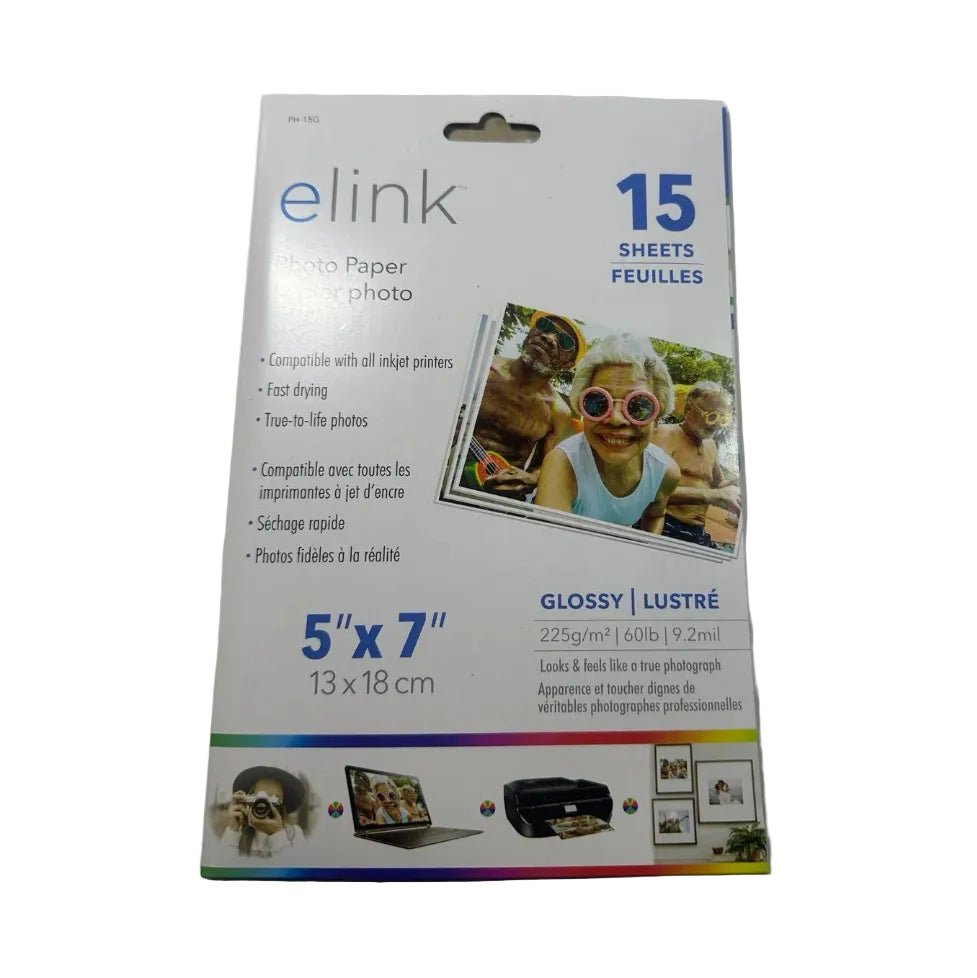 eLink Glossy Inkjet Photo Paper – 5 × 7 in, 15 Sheets – 6205