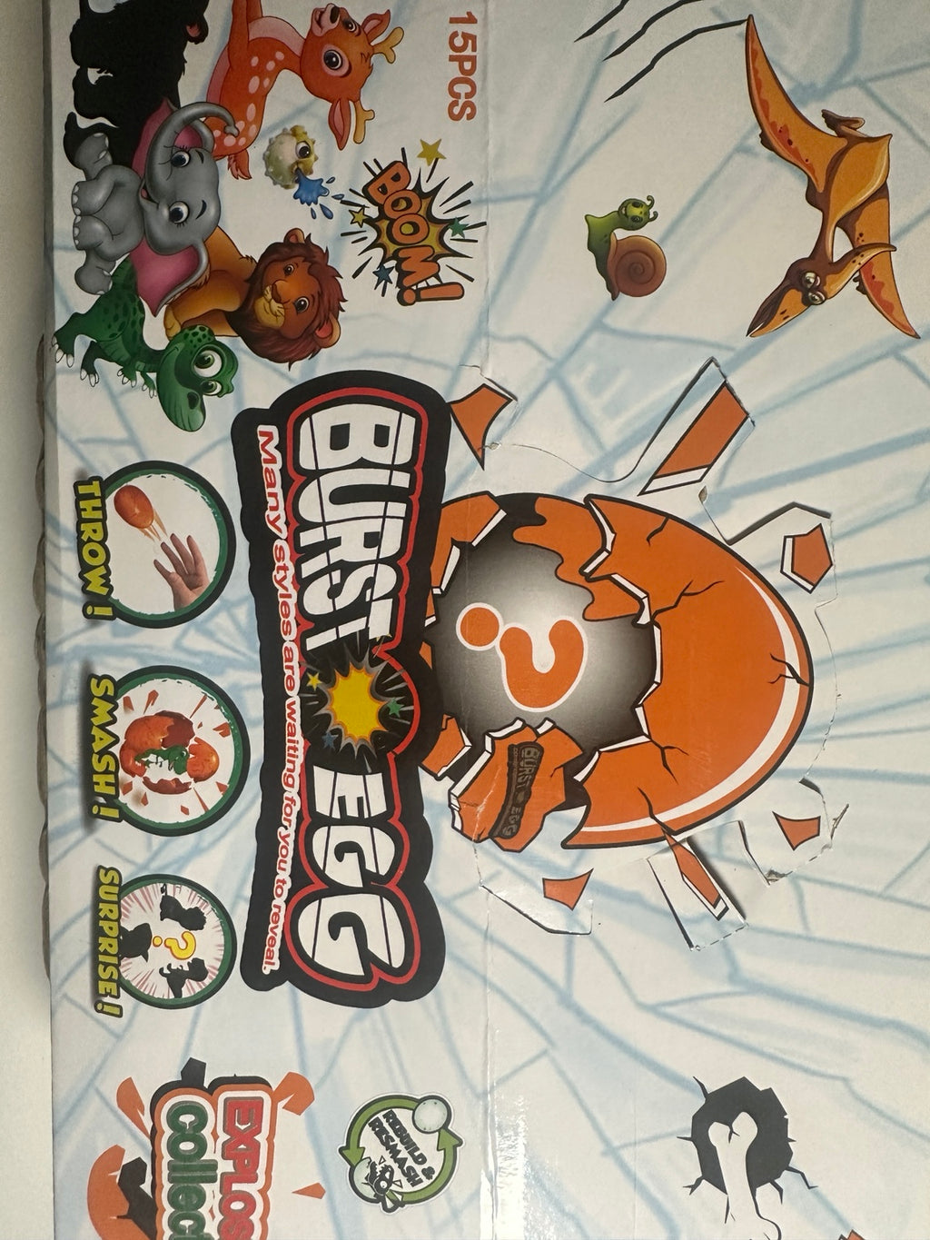 Burst Egg carton marked 15 pieces