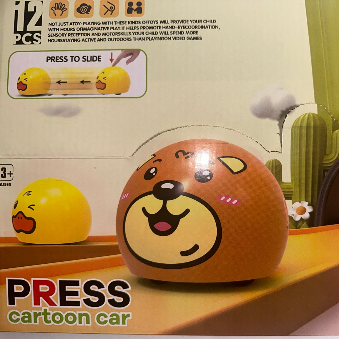 12-piece display carton showing press and slide instructions
