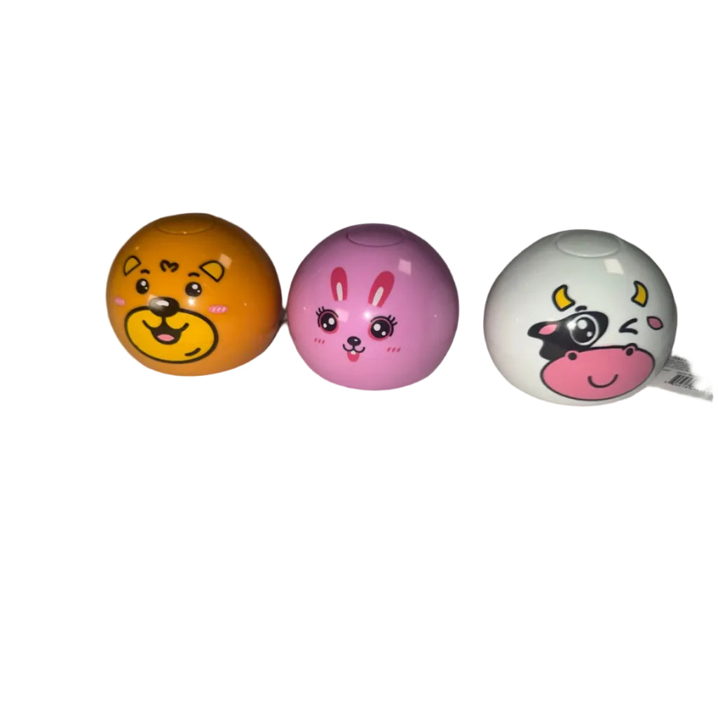 Three animal press-and-slide toy cars: orange bear, pink rabbit and white cow