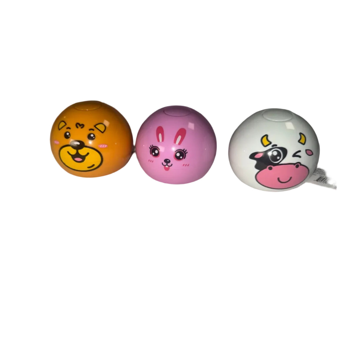 Three animal press-and-slide toy cars: orange bear, pink rabbit and white cow