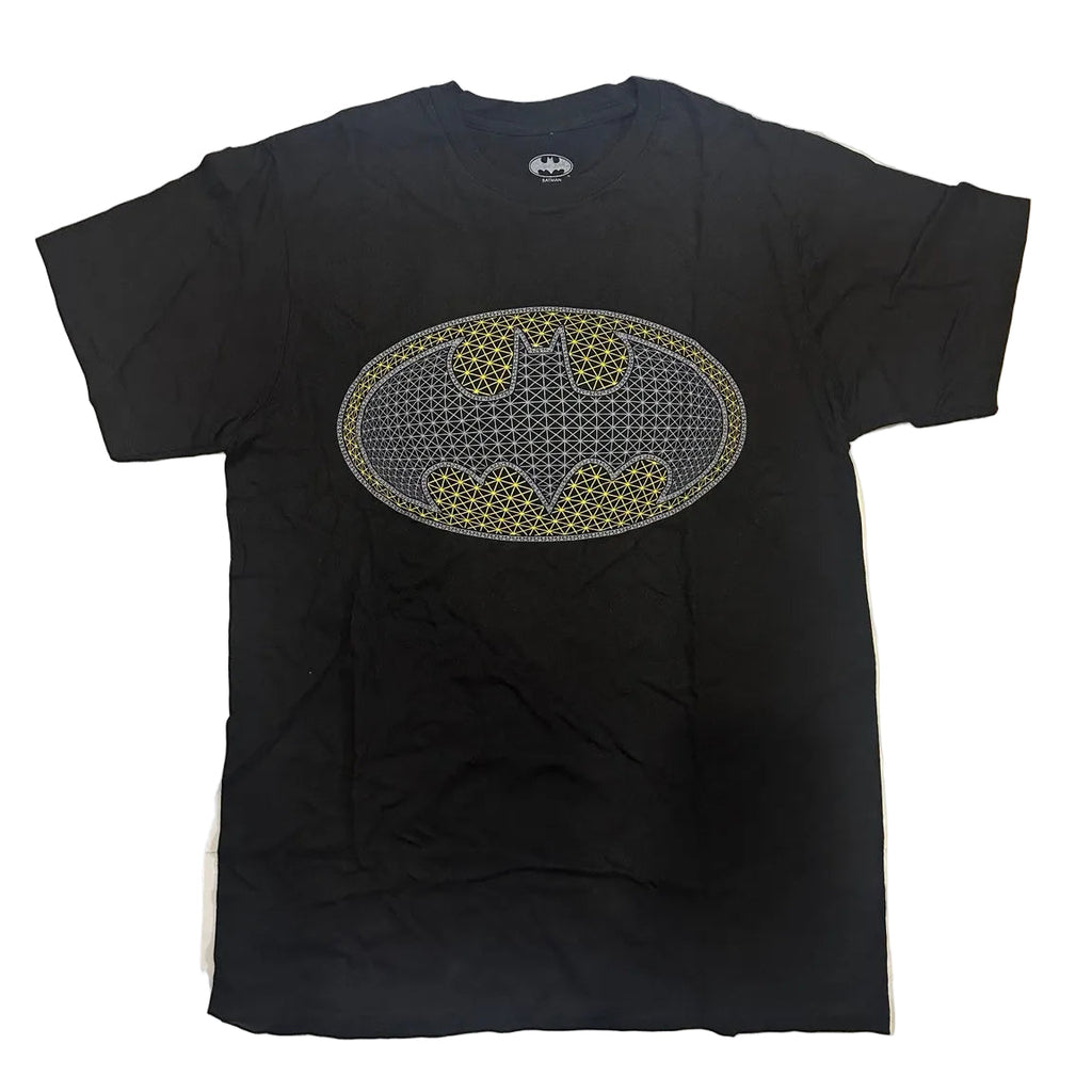 Black Batman graphic T-shirt front with gold and silver geometric logo