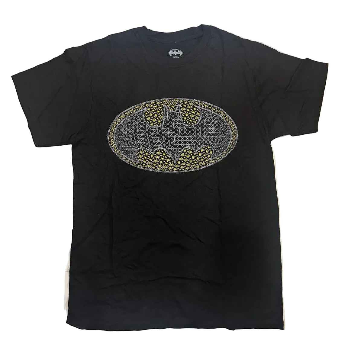 Black Batman graphic T-shirt front with gold and silver geometric logo