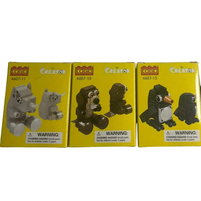 COGO Creator Mini Animal Building Blocks – Rhinoceros, Brown Animal & Black Bird