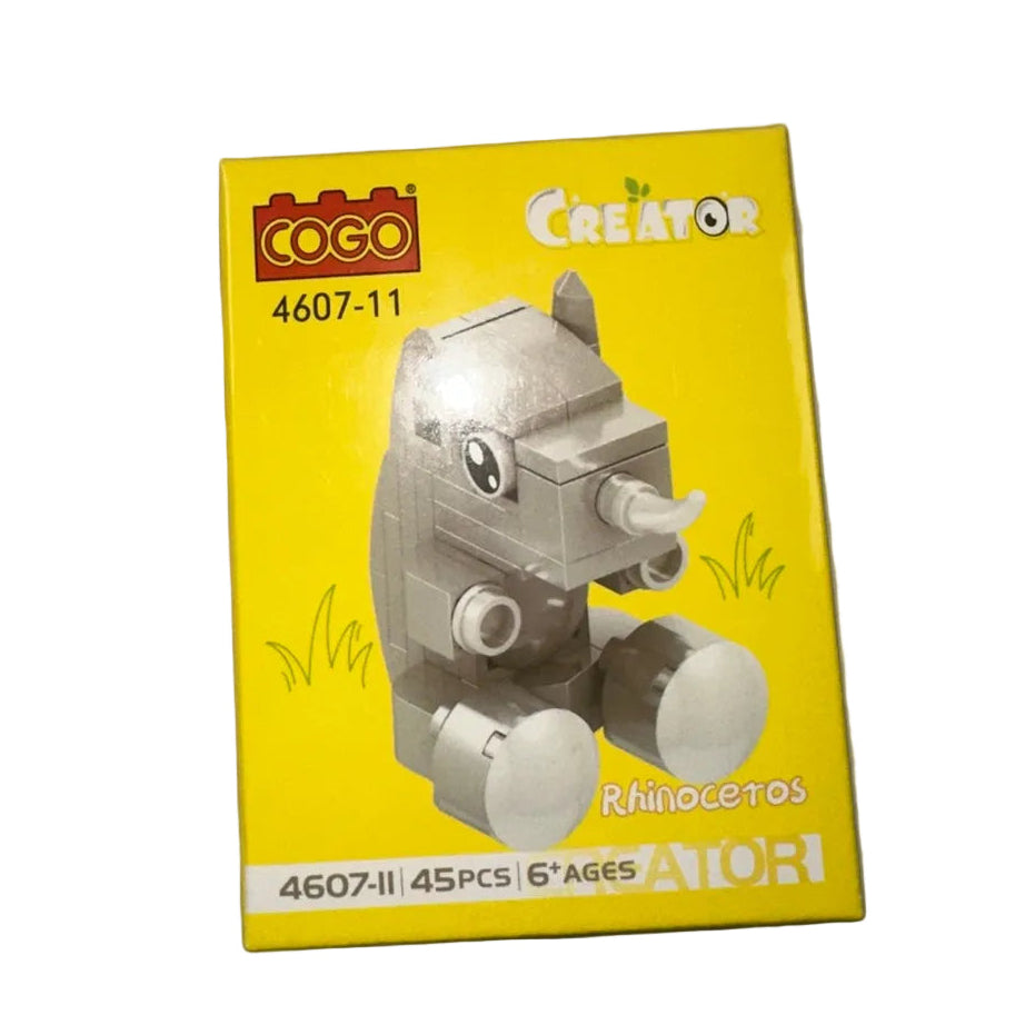 COGO Creator Mini Animal Building Blocks – Rhinoceros, Brown Animal & Black Bird