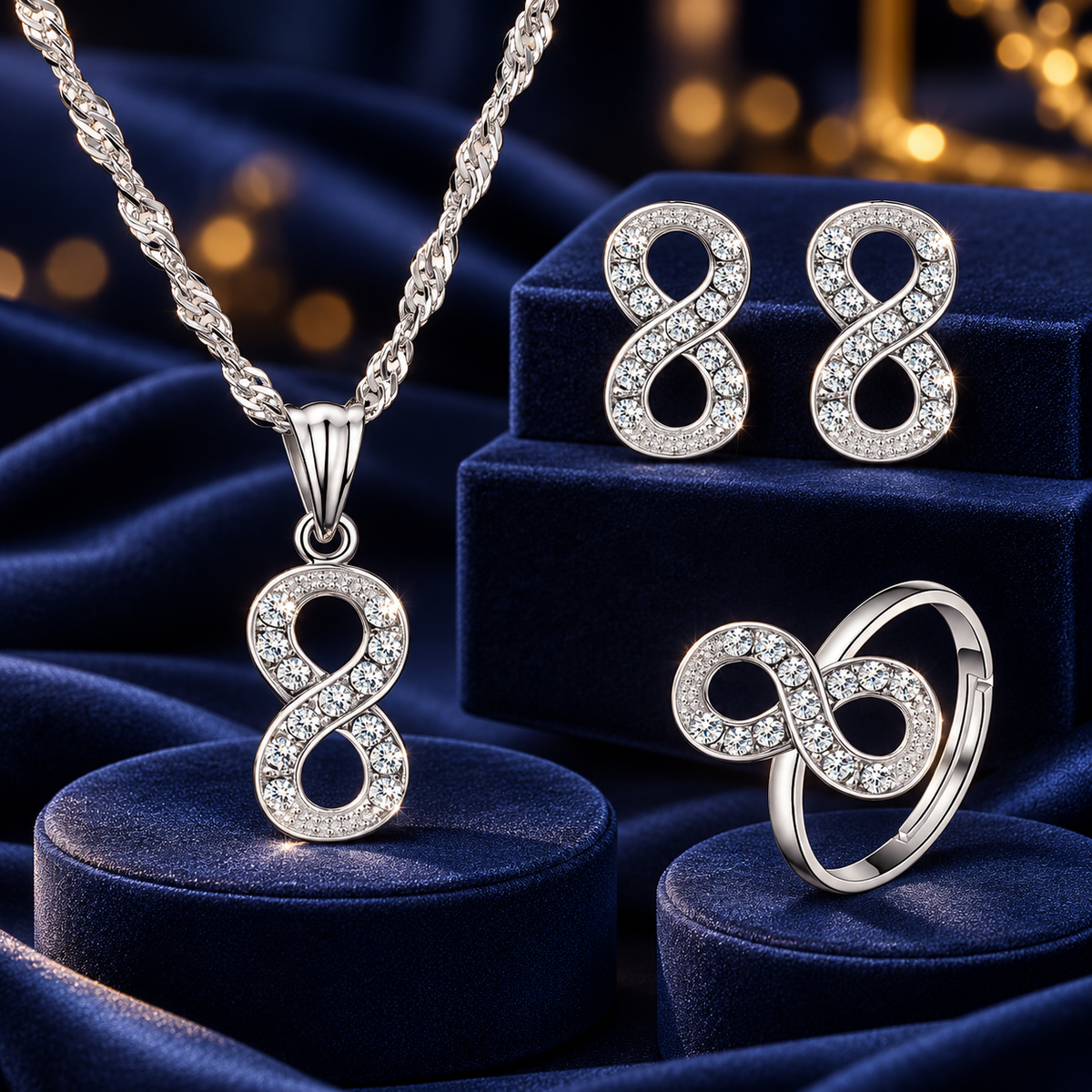 Silver-Tone Infinity Jewellery Set – Necklace, Earrings and Ring on decorative coloured satin background
