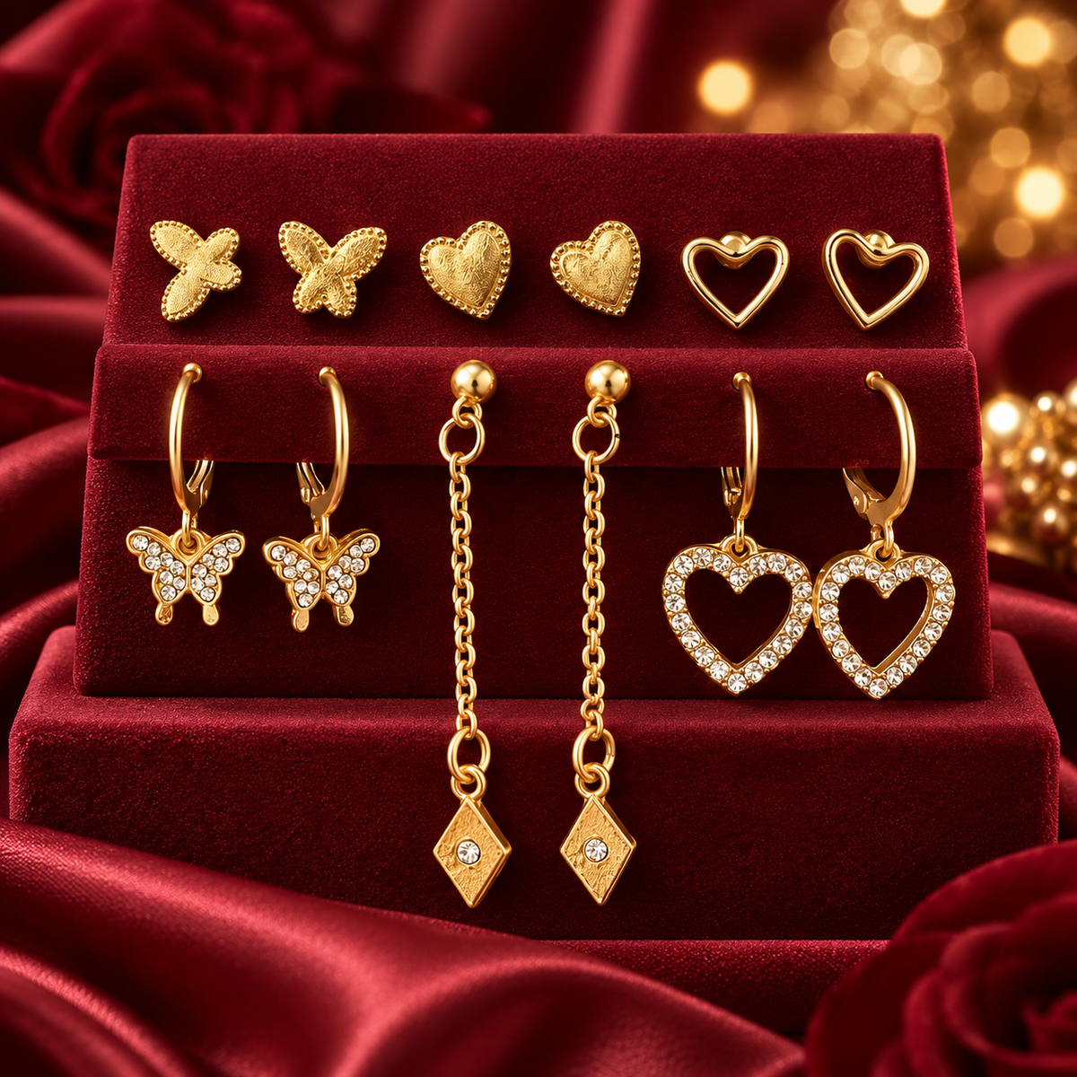 Gold-Tone Butterfly and Heart Fashion Earrings – 6-Pair Set on a decorative coloured display