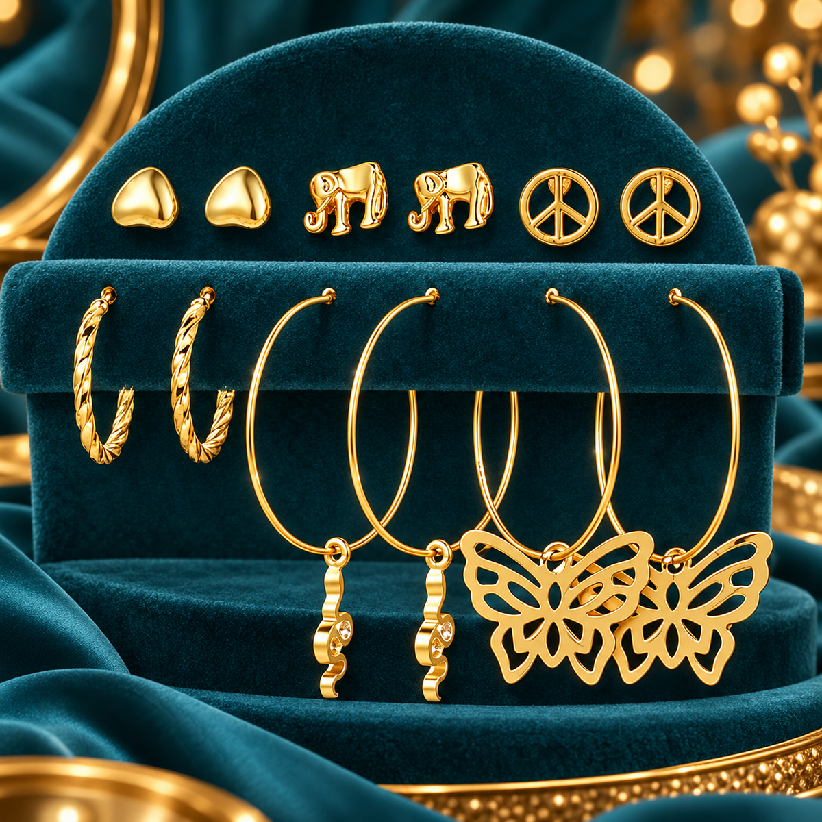 Gold-Tone Heart, Elephant and Butterfly Earrings – 6-Pair Set on a decorative coloured jewellery display