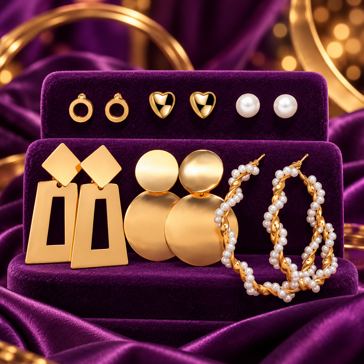 Gold-Tone Geometric and Faux Pearl Fashion Earrings – 6-Pair Set on a decorative coloured display
