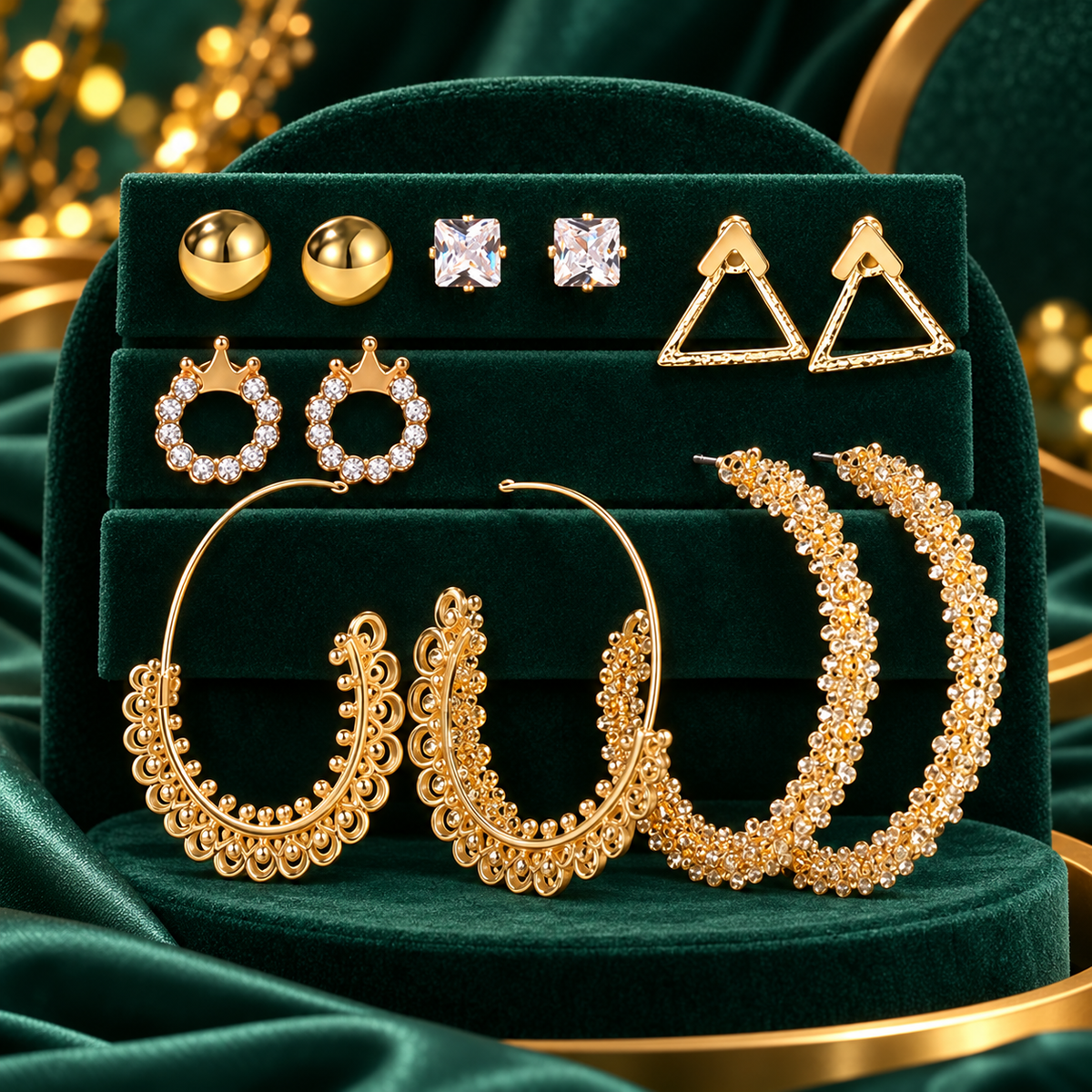 Gold-Tone Crystal and Hoop Fashion Earrings – 6-Pair Assorted Set on a decorative coloured display
