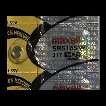 Maxell SR516SW five-cell manufacturer strip shown for identification; sale is one battery