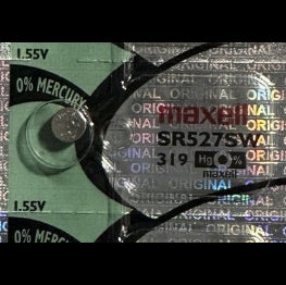 Maxell SR527SW five-cell manufacturer strip shown for identification; sale is one battery