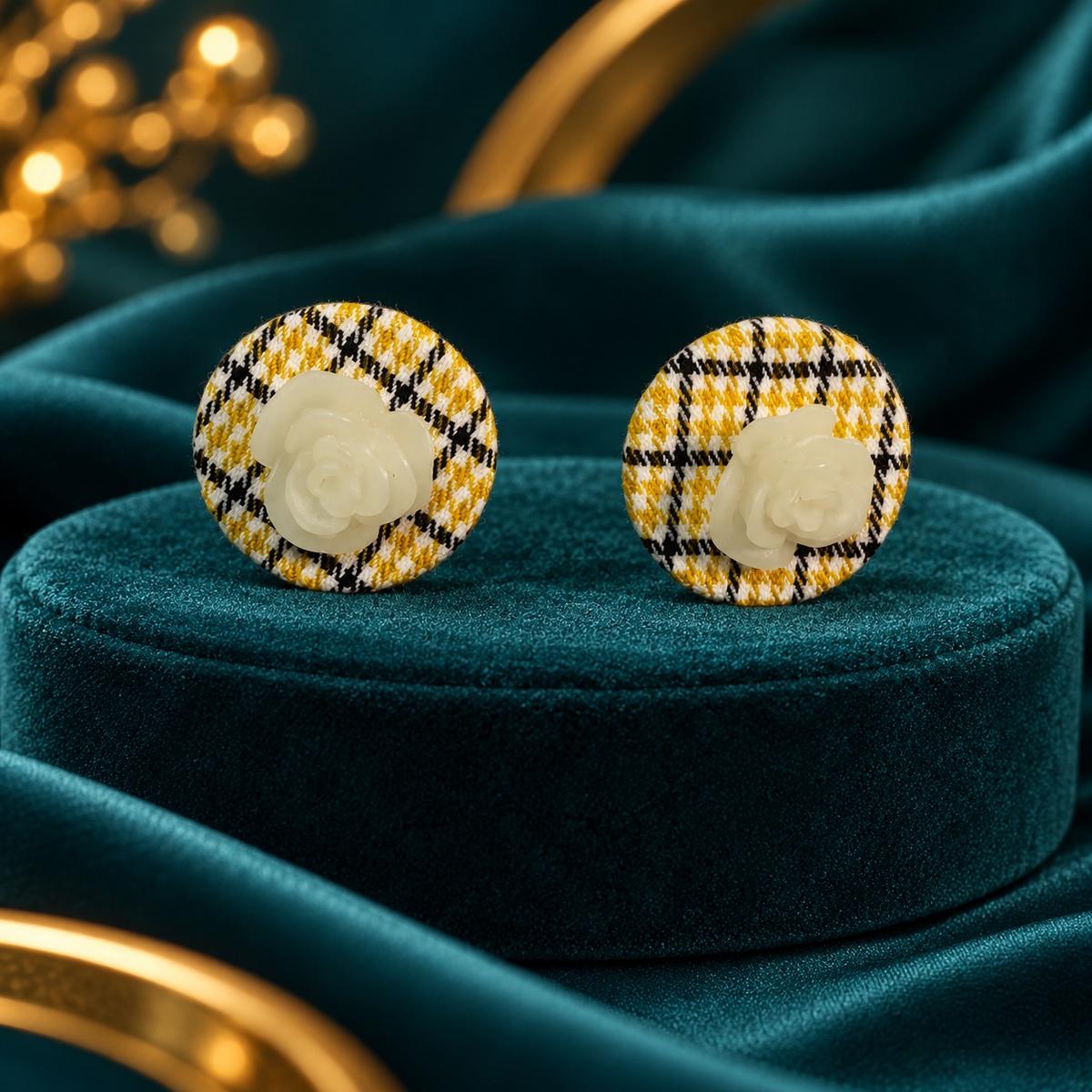 Yellow Black and White Plaid Round Stud Earrings with Cream Rose Detail on teal satin display