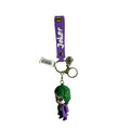 Joker-themed character keychain purple strap green hair front