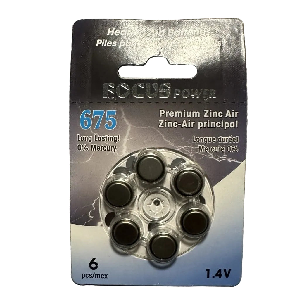 Focus Power Size 675 Zinc-Air Hearing Aid Batteries 1.4V – 6 Pack front packaging