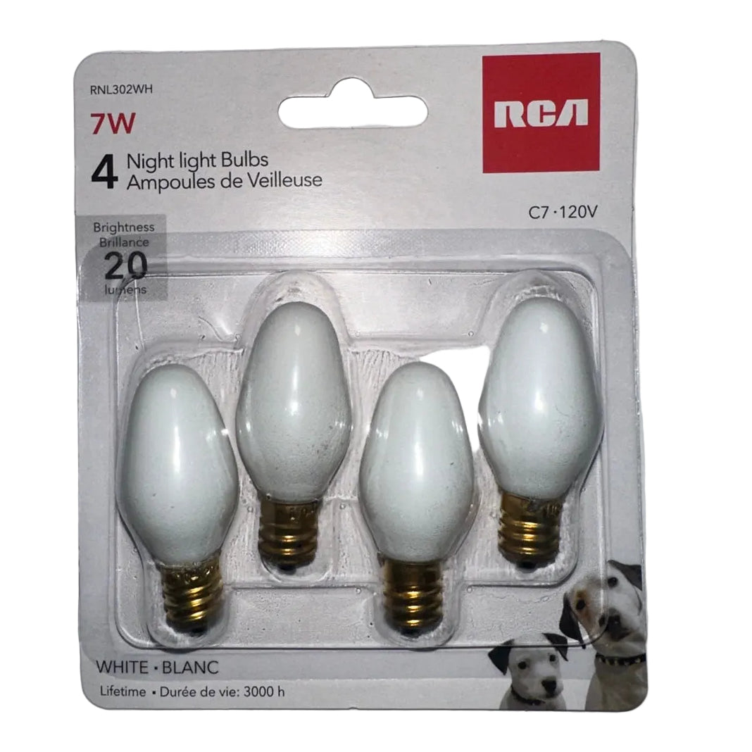 RCA C7 7W Night Light Bulbs, White, 4-Pack front packaging