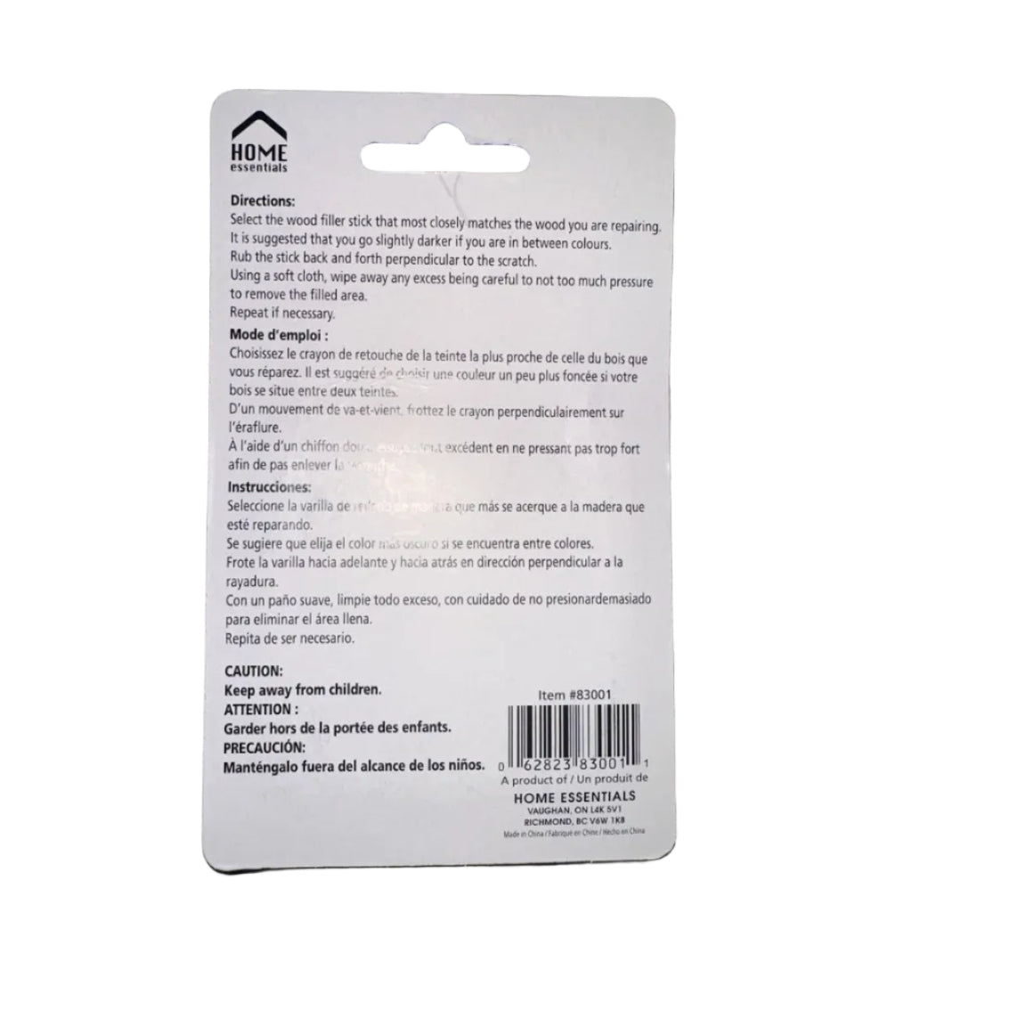 Home Essentials furniture repair wood filler sticks directions and barcode