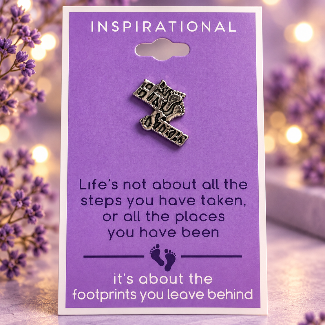 Inspirational footprints pin on purple message card with lavender backdrop