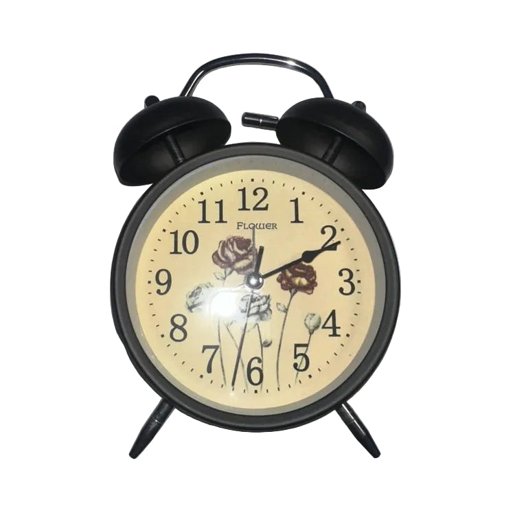 Floral Twin-Bell Alarm Clock – Black